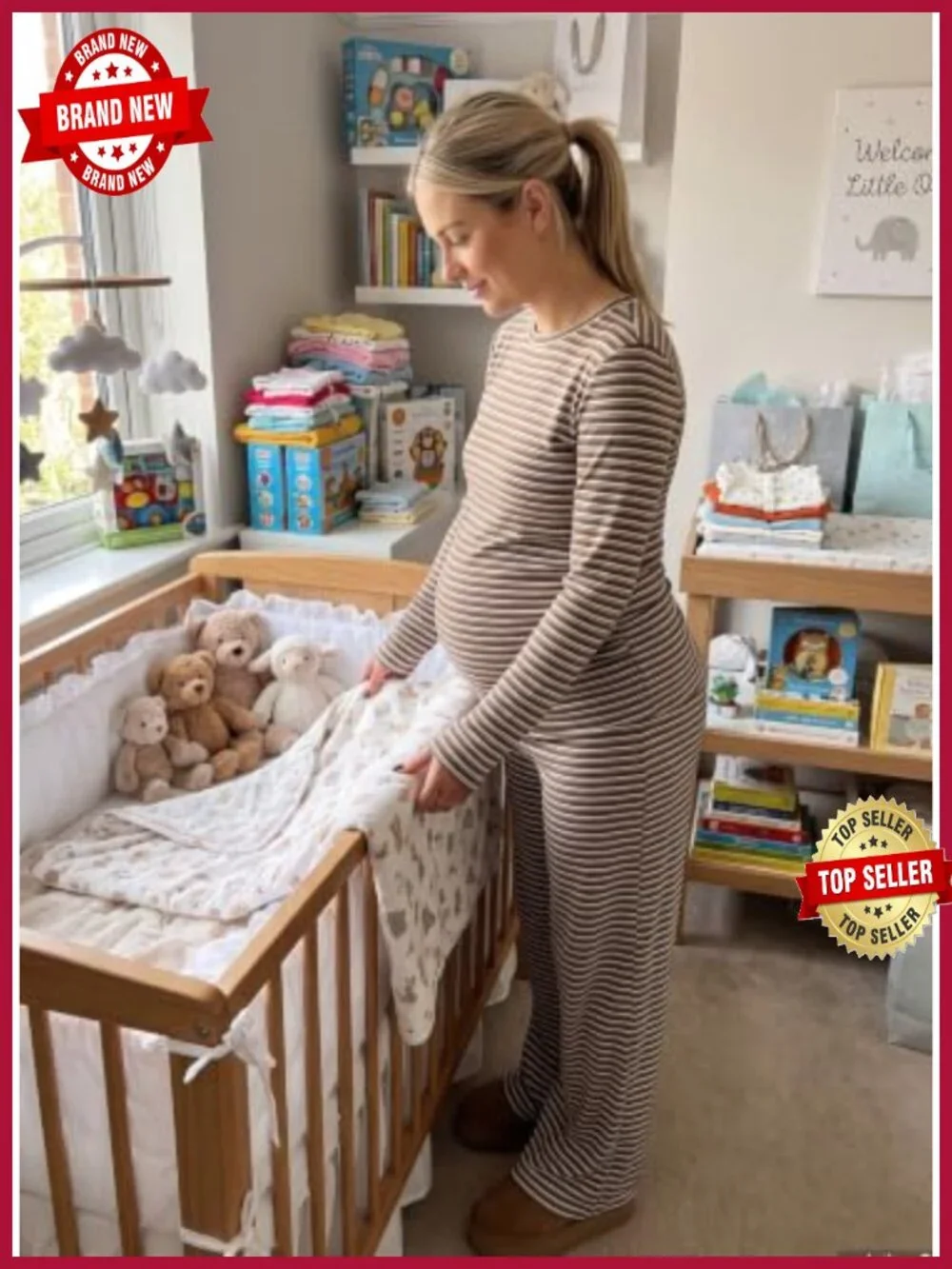 Maternity 2 Piece Lounge Set Striped Long Sleeve Pajamas with Pockets